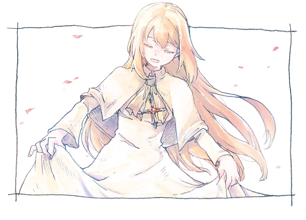 1girl black_border border capelet closed_eyes cross cross_necklace dress falling_petals holding holding_clothes holding_dress jewelry long_hair michibata_65 necklace open_mouth orange_hair petals simple_background smile solo sophia_(xenogears) white_capelet white_dress xenogears