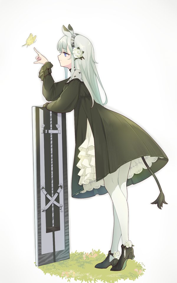 1girl animal_ears arknights black_dress black_footwear bug butterfly commentary_request contrapposto dress flower grass green_hair grey_eyes hair_flower hair_ornament hand_up heavyrain_(arknights) heavyrain_(tranquil_moss)_(arknights) high_heels horse_ears horse_girl horse_tail layered_dress long_sleeves naitou_(lr_7110) official_alternate_costume pantyhose shield side_slit simple_background solo tail white_background white_dress white_flower white_pantyhose zebra_ears zebra_girl