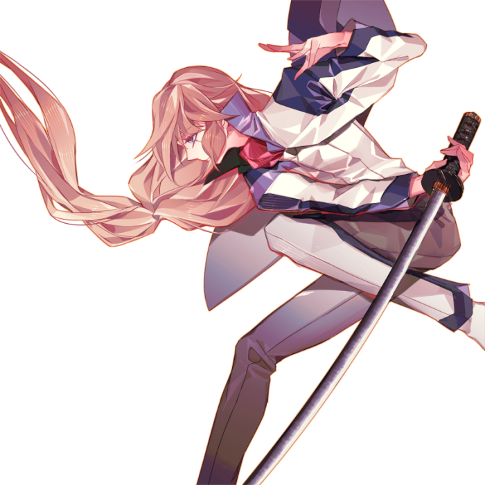 1boy ascot blue_eyes brown_hair closed_mouth expressionless feet_out_of_frame fighting_stance floating_clothes from_side hand_up holding holding_sword holding_weapon jacket katana knee_up long_hair long_sleeves looking_ahead low-tied_long_hair male_focus minashiro_soushi miyagokarasu open_clothes open_jacket pants profile red_ascot scar scar_across_eye sidelocks simple_background solo soukyuu_no_fafner standing standing_on_one_leg sword uniform vest weapon white_background white_jacket white_pants white_vest