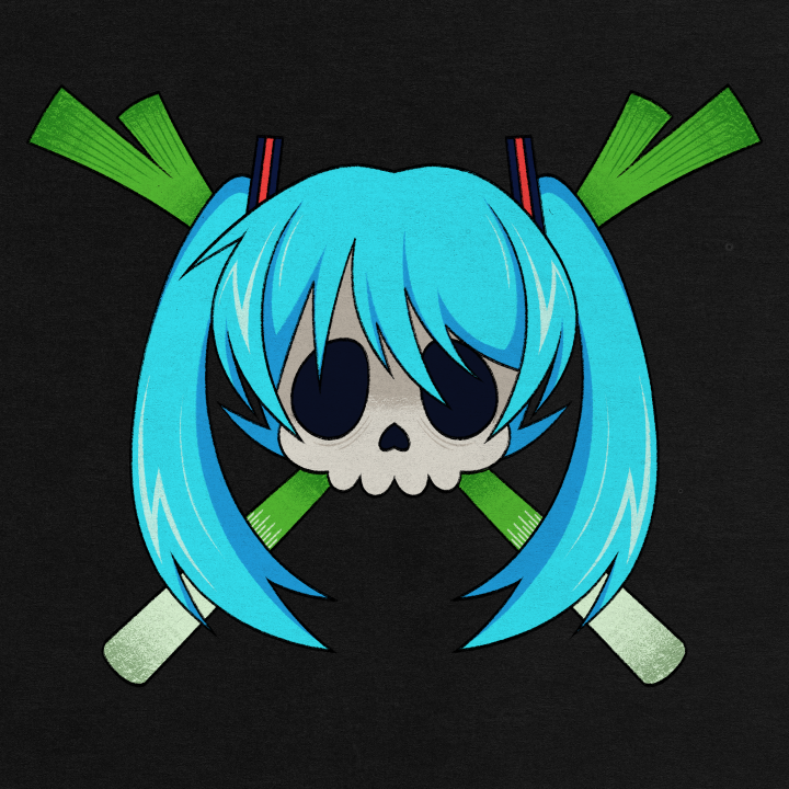 black_background blue_hair commentary cryptidhermit english_commentary hatsune_miku long_hair no_humans simple_background skull skull_and_crossbones spring_onion twintails vocaloid