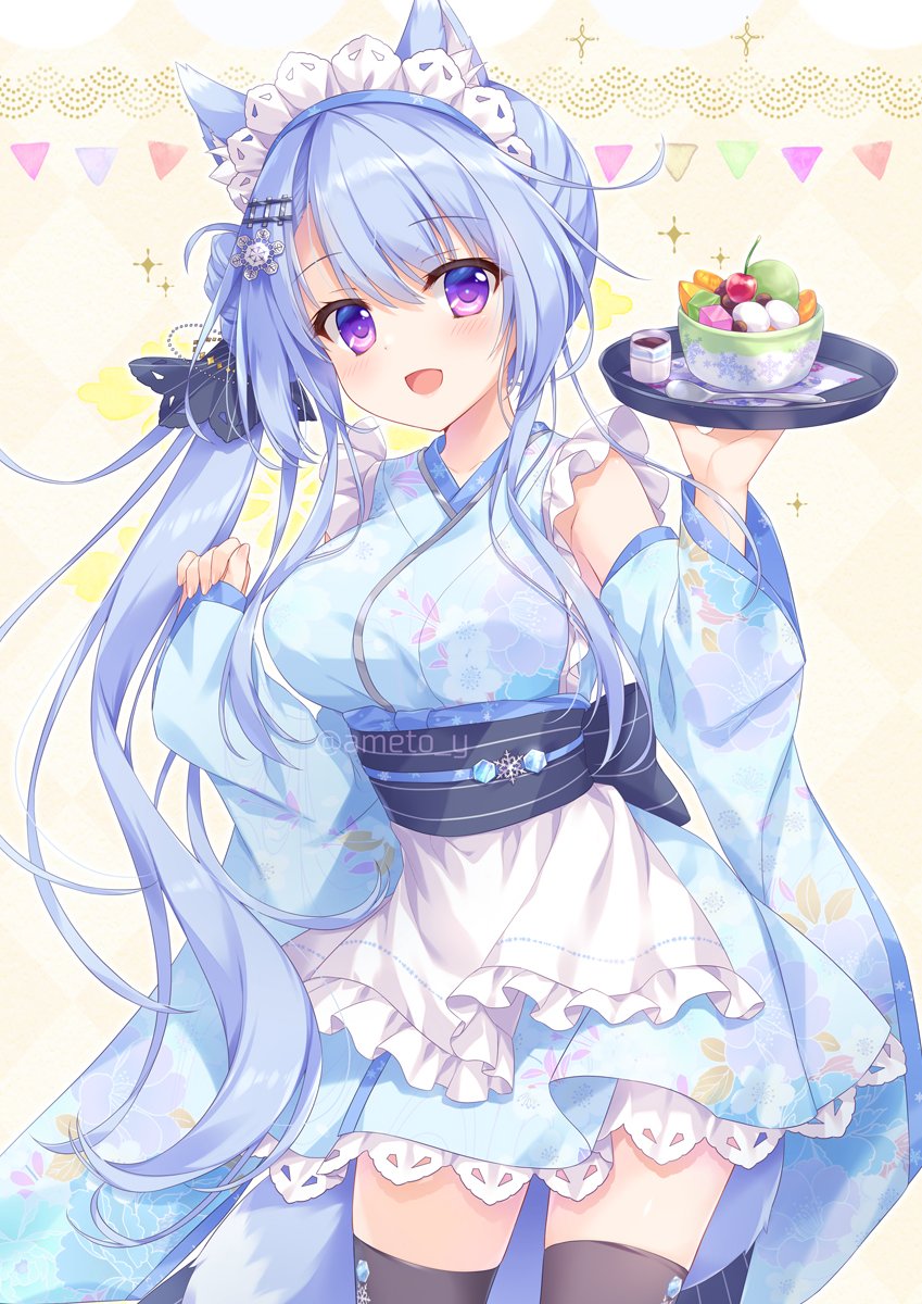 1girl :d ameto_yuki animal_ears black_thighhighs blue_hair blue_kimono blue_sleeves bowl breasts commentary_request detached_sleeves floral_print food fox_ears fox_girl fox_tail hair_between_eyes highres holding holding_tray japanese_clothes kimono long_hair long_sleeves looking_at_viewer maid maid_headdress medium_breasts obi original pinching_sleeves print_kimono print_sleeves sash side_ponytail sleeveless sleeveless_kimono sleeves_past_wrists smile solo spoon standing tail thigh-highs tray very_long_hair violet_eyes wa_maid wide_sleeves