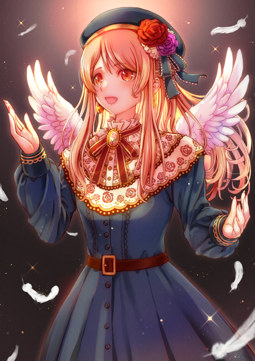 1girl bell bell_earrings belt blonde_hair blush brooch character_request check_character check_copyright commission copyright_request dress earrings falling_feathers feathered_wings flower hat hat_flower hat_ribbon highres indie_virtual_youtuber jewelry kodue55 long_hair long_sleeves open_mouth orange_eyes ribbon skeb_commission smile suzu_hayumi virtual_youtuber wings