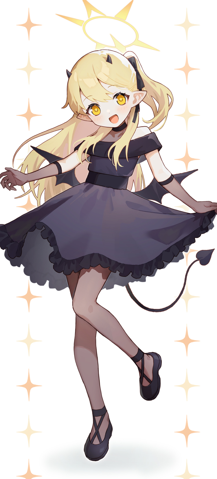 1girl :d bare_shoulders black_dress black_footwear black_gloves black_horns black_pantyhose black_tail black_wings blonde_hair blue_archive demon_girl demon_horns demon_wings dress elbow_gloves evening_gown full_body gloves hair_between_eyes hakasesuitchi halo highres horns ibuki_(blue_archive) ibuki_(dress)_(blue_archive) long_hair looking_at_viewer low_wings official_alternate_costume one_side_up open_mouth pantyhose pointy_ears shadow skirt_hold smile solo sparkle_background white_background wings yellow_eyes yellow_halo
