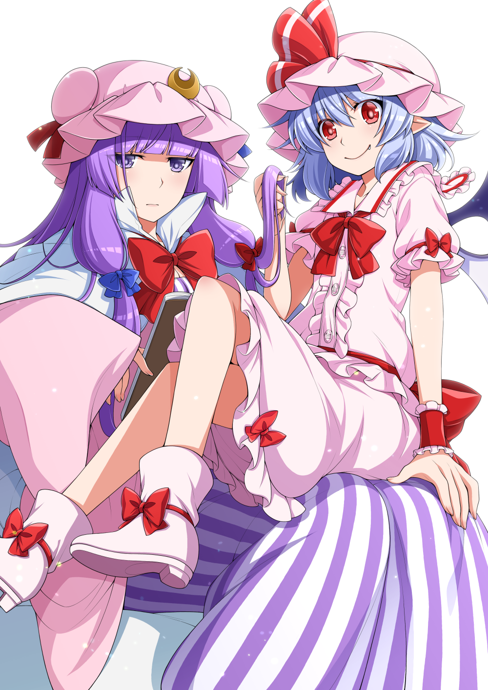 2girls blue_hair book bow dress eichi_yuu fang hair_bow hat highres holding_another's_hair mob_cap multiple_girls patchouli_knowledge pink_shirt pink_skirt purple_hair red_eyes remilia_scarlet shirt simple_background sitting sitting_on_lap sitting_on_person skirt smile striped_clothes striped_dress touhou vertical-striped_clothes vertical-striped_dress violet_eyes white_background