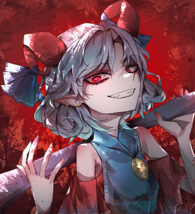 1girl 33_gaff bare_shoulders blue_ribbon commentary curled_horns ear_piercing grey_hair horn_ornament horn_ribbon horns looking_at_viewer piercing pointy_ears red_background red_eyes red_horns ribbon sheep_horns short_hair solo teeth touhou toutetsu_yuuma upper_body
