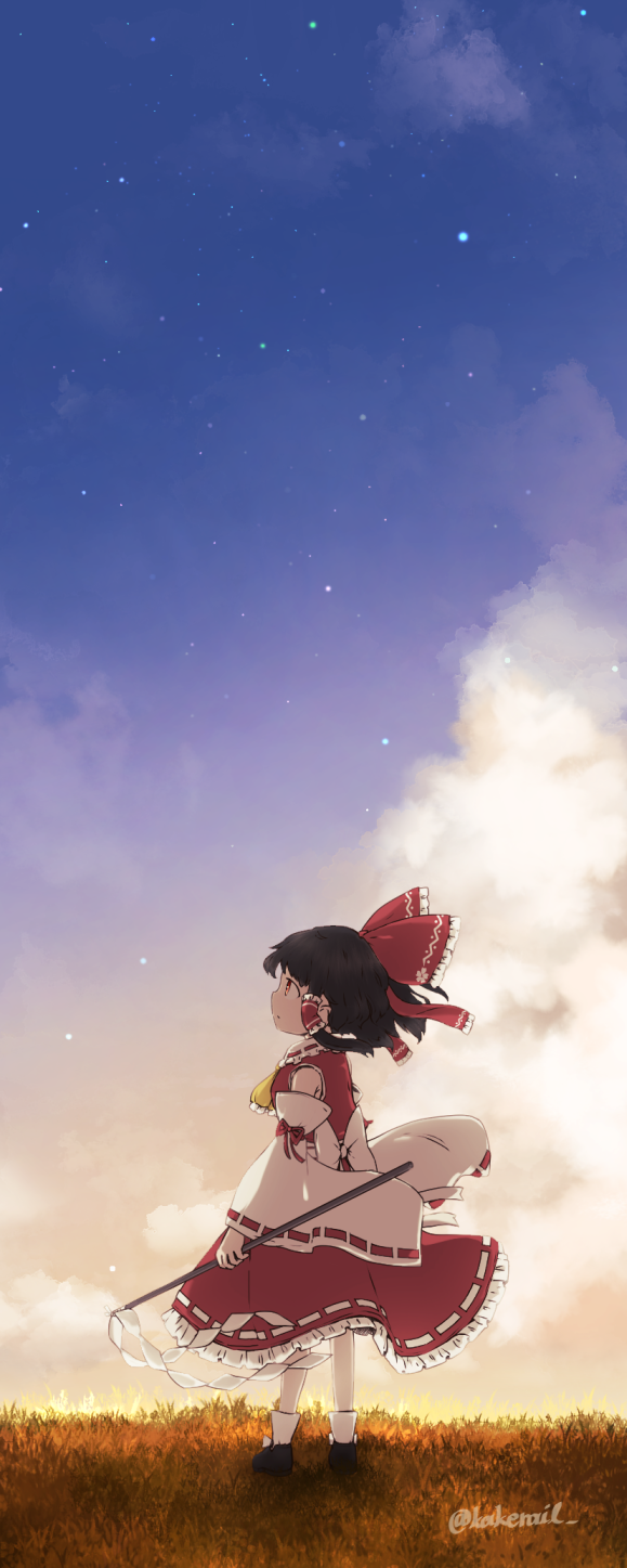 1girl ascot back_bow bare_shoulders belt black_footwear black_hair blue_sky border bow closed_mouth clouds commentary detached_sleeves evening frilled_bow frilled_hair_tubes frilled_skirt frills from_behind gohei gradient_sky hair_bow hair_tubes hakurei_reimu highres holding holding_gohei kakera_(comona_base) long_sleeves looking_to_the_side medium_hair nontraditional_miko outdoors profile red_belt red_eyes red_skirt red_vest ribbon ribbon-trimmed_skirt ribbon-trimmed_sleeves ribbon_trim shoes skirt skirt_set sky socks solo standing star_(sky) touhou twitter_username vest white_border white_ribbon white_sleeves white_socks wide_sleeves yellow_ascot