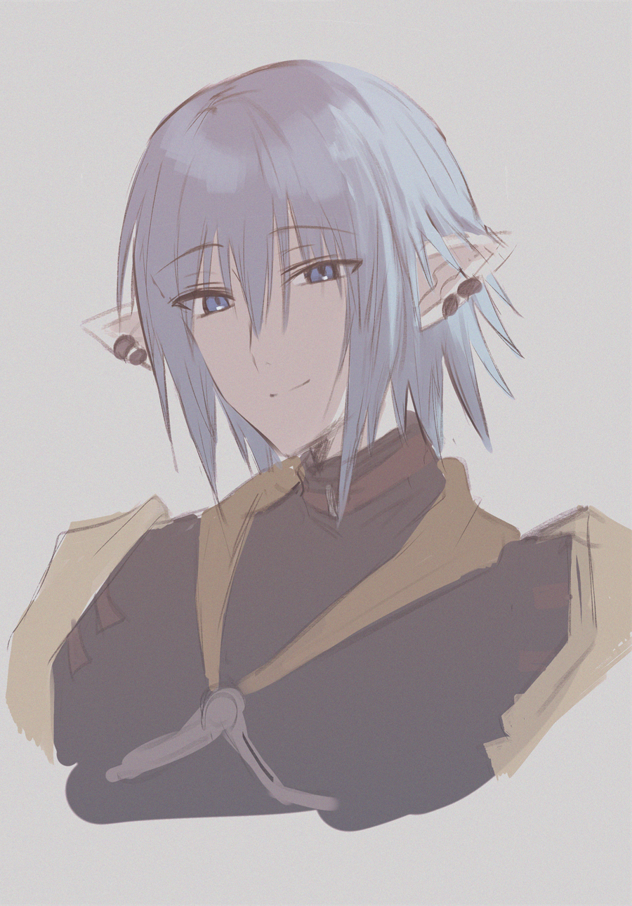 1boy armor blue_eyes blue_hair closed_mouth cropped_torso ear_piercing final_fantasy final_fantasy_xiv grey_background hair_between_eyes haurchefant_greystone highres kinona looking_at_viewer male_focus pauldrons piercing pointy_ears shoulder_armor simple_background smile solo upper_body