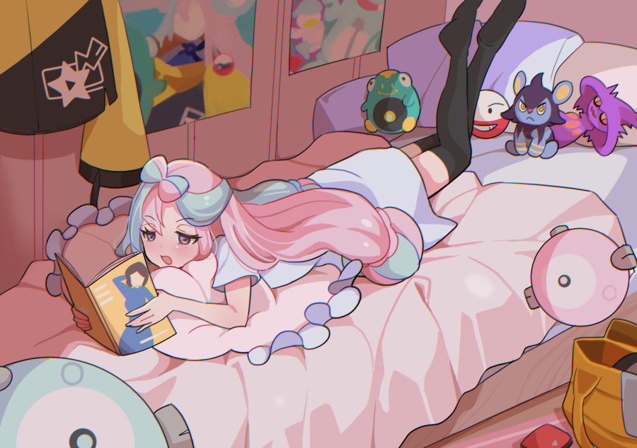 1girl bed bellibolt black_thighhighs bow-shaped_hair brown_eyes character_doll character_print commentary_request dress electrodes eyelashes holding holding_magazine indoors iono_(pokemon) jacket long_hair lying magazine_(object) mismagius mizuiro123 multicolored_hair nidothing on_bed on_stomach open_mouth pokemon pokemon_sv poster_(object) reading shinx solo star_(symbol) star_print thigh-highs twintails two-tone_hair unworn_jacket white_dress yellow_jacket