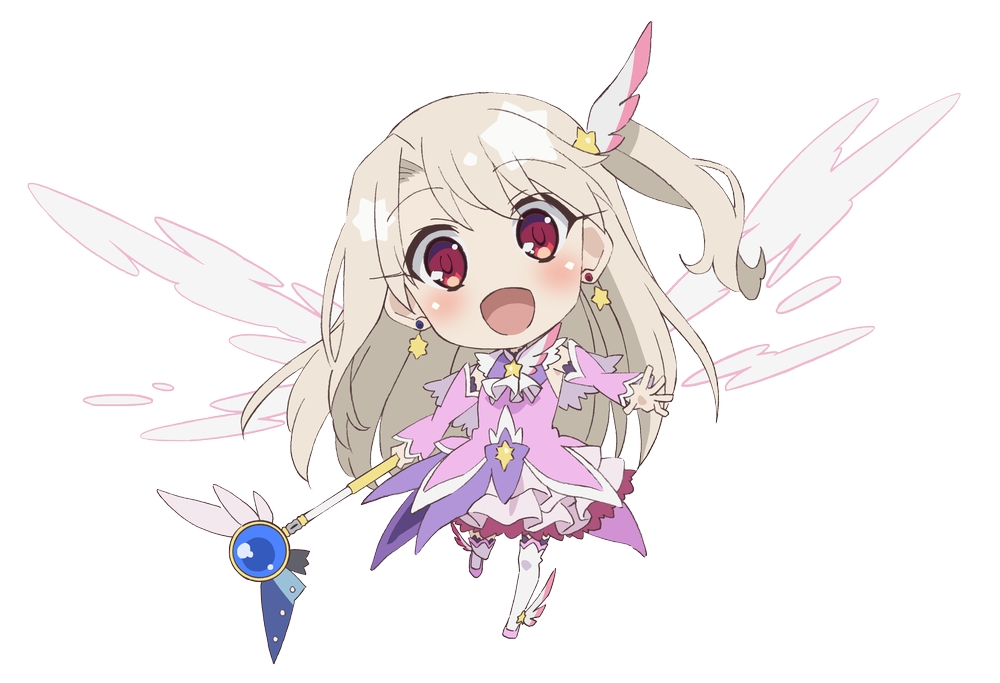 1girl :d blonde_hair blush chibi commentary_request detached_sleeves dress earrings fate/kaleid_liner_prisma_illya fate_(series) feather_hair_ornament feathers full_body hair_between_eyes hair_ornament holding holding_wand illyasviel_von_einzbern jewelry kaleidostick long_hair long_sleeves looking_at_viewer magical_girl magical_ruby magical_sapphire official_art open_mouth pink_dress pink_footwear pink_sleeves prisma_illya_(zwei_form) red_eyes shoes simple_background smile solo star_(symbol) thigh-highs very_long_hair wand weapon white_background white_thighhighs