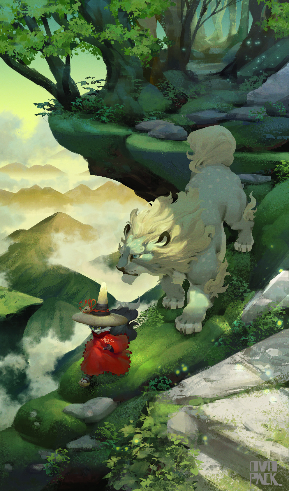 1other above_clouds androgynous artist_name black_fur blue_eyes body_fur clouds commentary day floating_island fox_tail from_above furry_other geta hat highres landscape lion looking_ahead moss mountain murayama_ryota no_lineart original outdoors red_robe robe rock scenery sign slit_pupils tail tengu-geta tree walking wide_shot yellow_eyes yellow_headwear