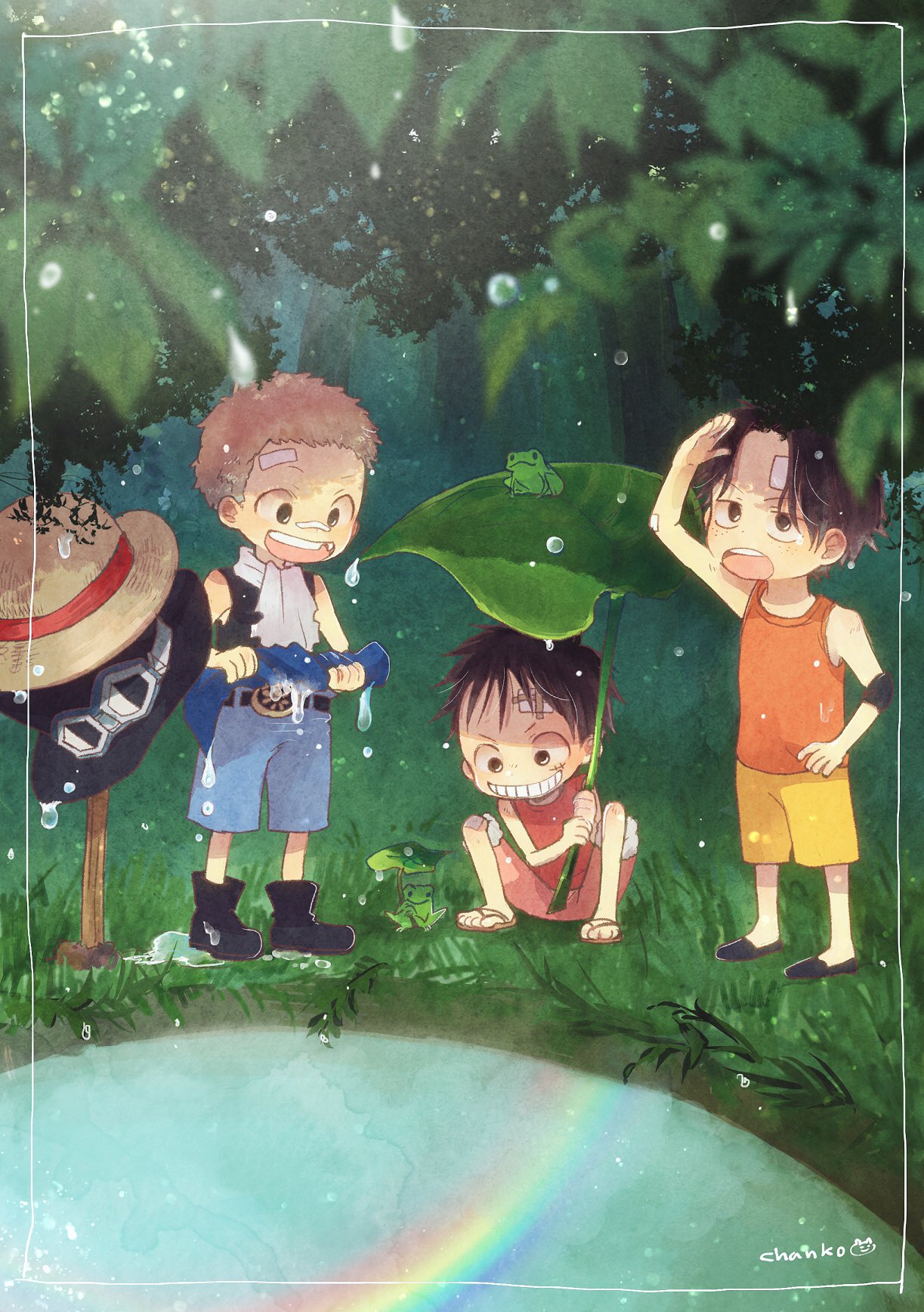 3boys black_hair blonde_hair boots child elbow_pads forest goggles goggles_on_headwear hat highres looking_down looking_up monkey_d._luffy multiple_boys nature nekochanko1 on_grass one_piece orange_shirt portgas_d._ace rainbow sabo_(one_piece) sandals shirt shoes signature smile squatting straw_hat top_hat water