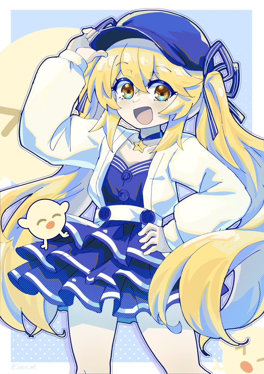 1girl adjusting_clothes adjusting_headwear blonde_hair blue_background blue_choker blue_dress blue_headwear blue_ribbon border choker commentary cowboy_shot cropped_jacket dokibird_(vtuber) dress english_commentary hair_between_eyes hair_ribbon hand_on_own_hip hand_up hat highres indie_virtual_youtuber jacket layered_dress limited_palette long_hair long_sleeves looking_at_viewer open_clothes open_jacket open_mouth orange_eyes outside_border polka_dot polka_dot_background puffy_long_sleeves puffy_sleeves ribbon short_dress simple_background sleepyowl_(jobkung15) smile solo standing star_(symbol) star_choker very_long_hair virtual_youtuber white_border white_jacket