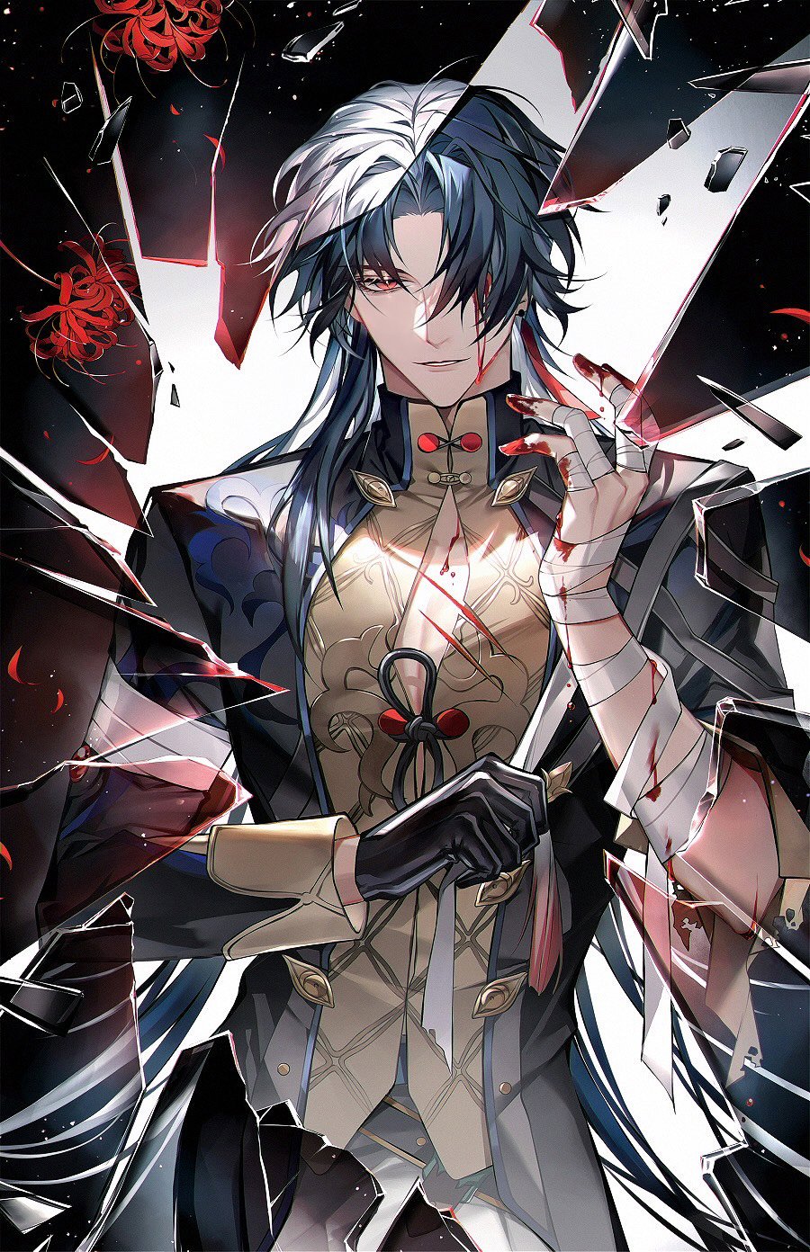 1boy bandaged_arm bandages black_gloves black_hair blade_(honkai:_star_rail) blood blood_on_clothes blood_on_face broken_glass clothing_cutout cowboy_shot glass gloves hair_over_one_eye highres honkai:_star_rail honkai_(series) long_hair long_sleeves male_focus red_eyes s_(olath) solo upper_body