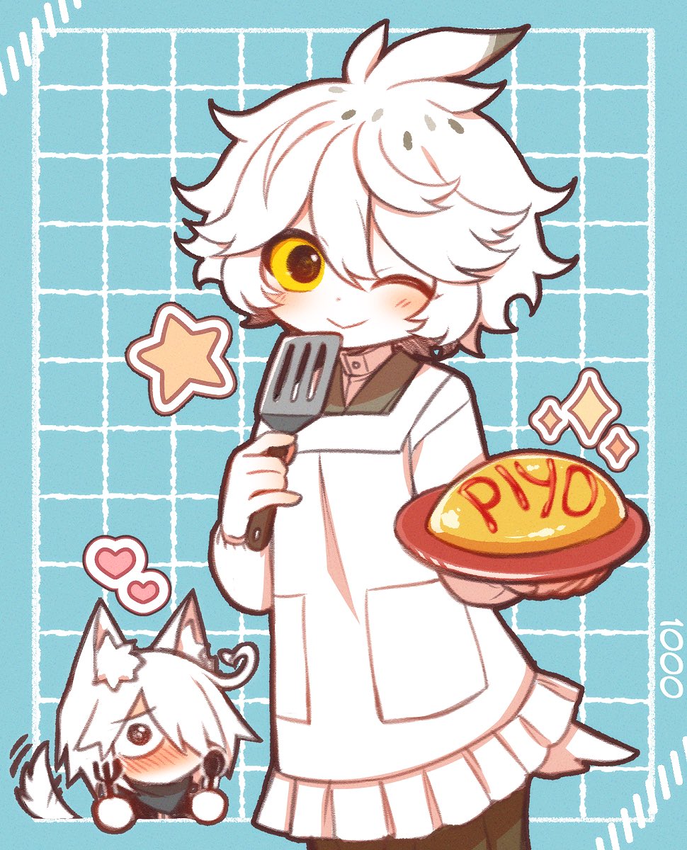 2boys ahoge animal_ear_fluff animal_ears apron bird_tail black_eyes blue_background blue_scarf blush brown_outline chibi chibi_inset colored_sclera colored_skin english_commentary food fork full-face_blush funamusea green_shirt hair_between_eyes hair_over_one_eye heart highres holding holding_fork holding_plate holding_spatula holding_spoon ice_scream licowish light_blush male_focus messy_hair multiple_boys omelet omurice one_eye_closed plate pocket scarf shirogane_(ice_scream) shirt sidelocks solo_focus sparkle spatula spoon star_(symbol) tail tile_background white_apron white_hair white_skin wolf_ears wolf_tail yellow_sclera yukisada