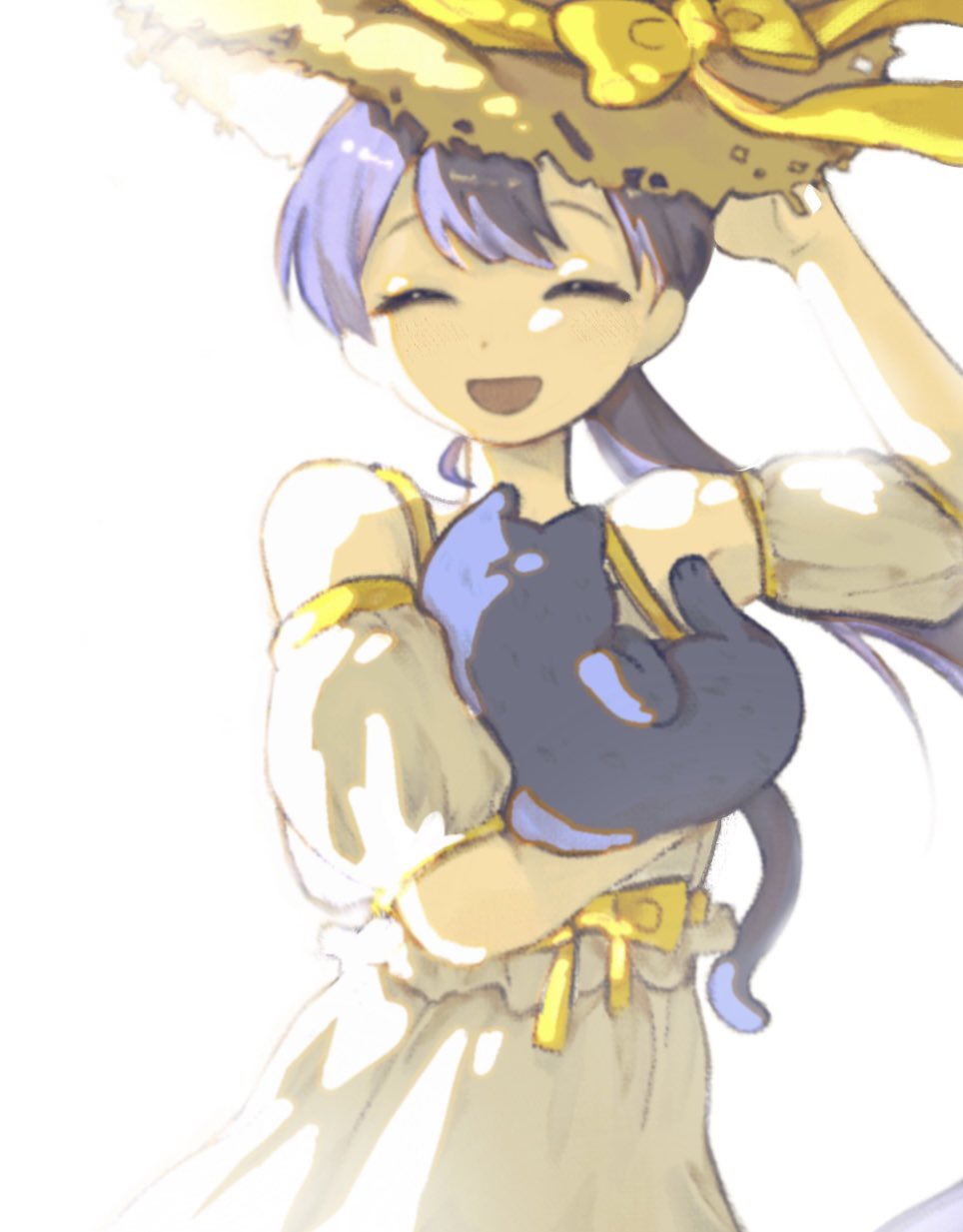 1girl alternate_costume animal baby_carry bare_shoulders bloom blue_hair bow cai_(cabbage_0j0) carrying cat closed_eyes cowboy_shot detached_sleeves dress facing_viewer hand_on_headwear hat hat_bow highres holding holding_animal holding_cat long_hair open_mouth over!_(vocaloid) ponytail puffy_short_sleeves puffy_sleeves short_sleeves sidelighting sleeveless sleeveless_dress smile solo standing straw_hat sundress vocaloid white_background white_dress white_sleeves yellow_bow