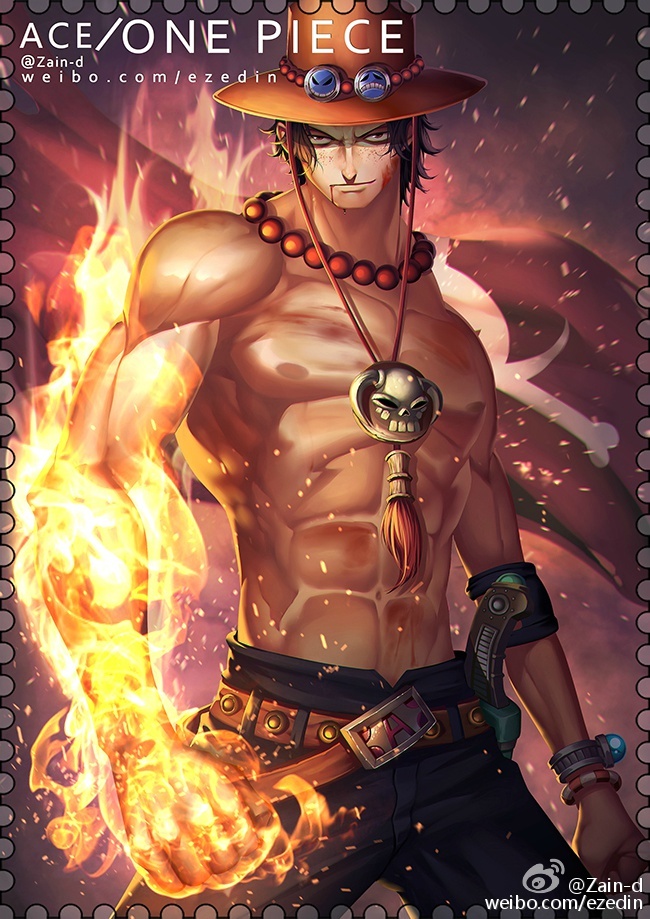 1boy abs artist_name bead_necklace beads black_hair blood blood_from_mouth character_name clenched_hands closed_mouth commentary cowboy_hat dagger fire freckles hat jewelry knife log_pose looking_at_viewer male_focus necklace one_piece portgas_d._ace short_hair smile solo topless_male weapon web_address weibo_logo weibo_username zhang_ding