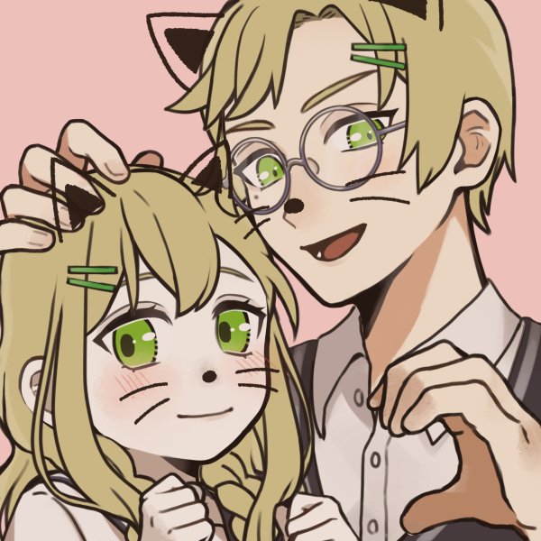 1boy 1girl alfred_(fire_emblem) blonde_hair brother_and_sister celine_(fire_emblem) clenched_hands closed_mouth drawn_ears drawn_nose drawn_whiskers face_filter fire_emblem fire_emblem_engage glasses green_eyes hand_on_another's_head heart_hands_failure long_hair looking_at_viewer open_mouth round_eyewear short_hair siblings smile uh_ahk upper_body
