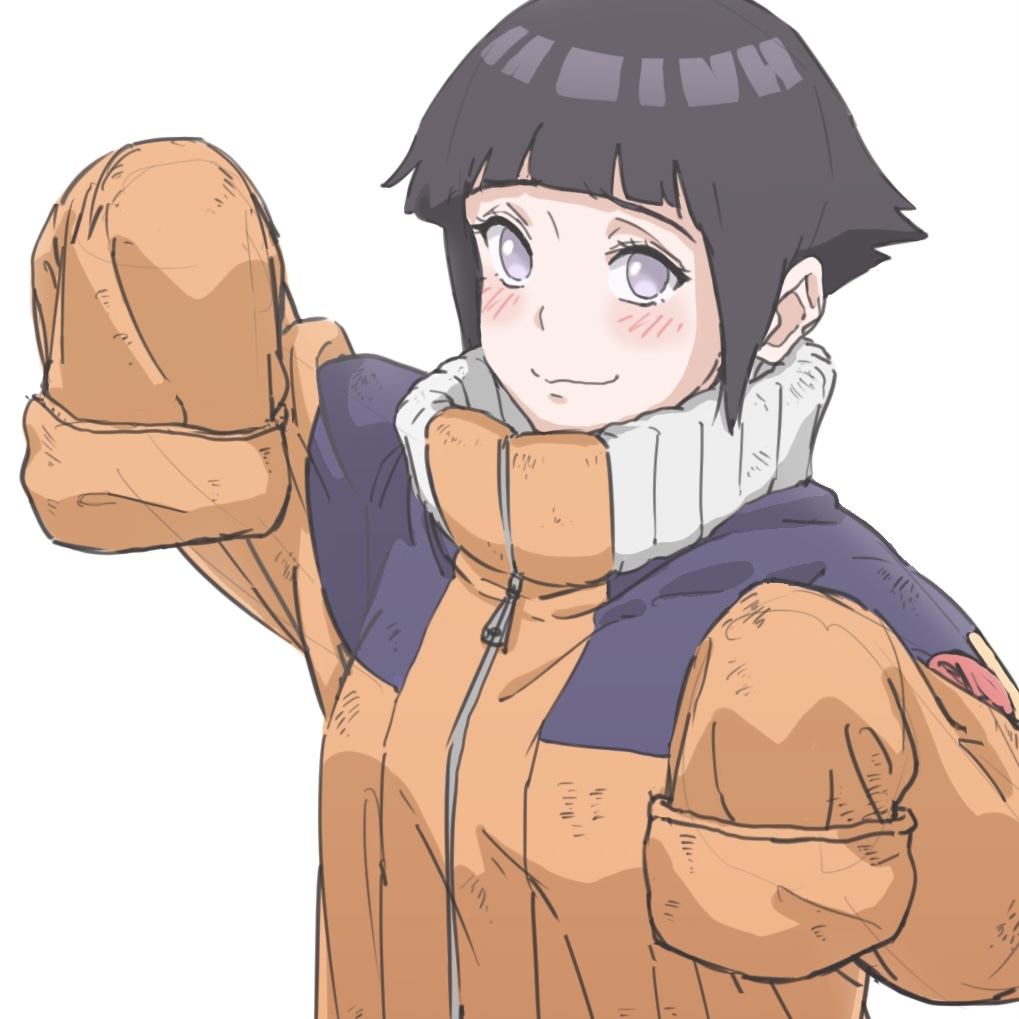 1girl black_hair blush borrowed_clothes closed_mouth commentary_request cosplay hyuuga_hinata jumpsuit long_sleeves looking_at_viewer naruto naruto_(series) orange_jumpsuit oversized_clothes ponnu_(skeb_boshuuchu) short_hair sleeves_past_fingers sleeves_past_wrists smile solo upper_body uzumaki_naruto uzumaki_naruto_(cosplay) violet_eyes white_background