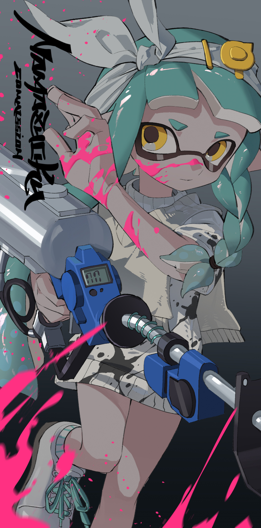 1girl aqua_hair artist_name bow_hairband braid braided_sidelock closed_mouth commentary_request commission e-liter_4k_(splatoon) gradient_background grey_background gun hairband highres holding holding_gun holding_weapon inkling_girl inkling_player_character long_hair namazuoku paint pointy_ears simple_background single_braid solo splatoon_(series) splatoon_3 tentacle_hair thick_eyebrows weapon white_hairband yellow_eyes