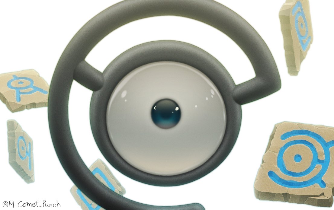 character_print close-up commentary komepan looking_at_viewer multicolored_eyes no_humans pokemon pokemon_(creature) stone_tablet twitter_username unown watermark white_background