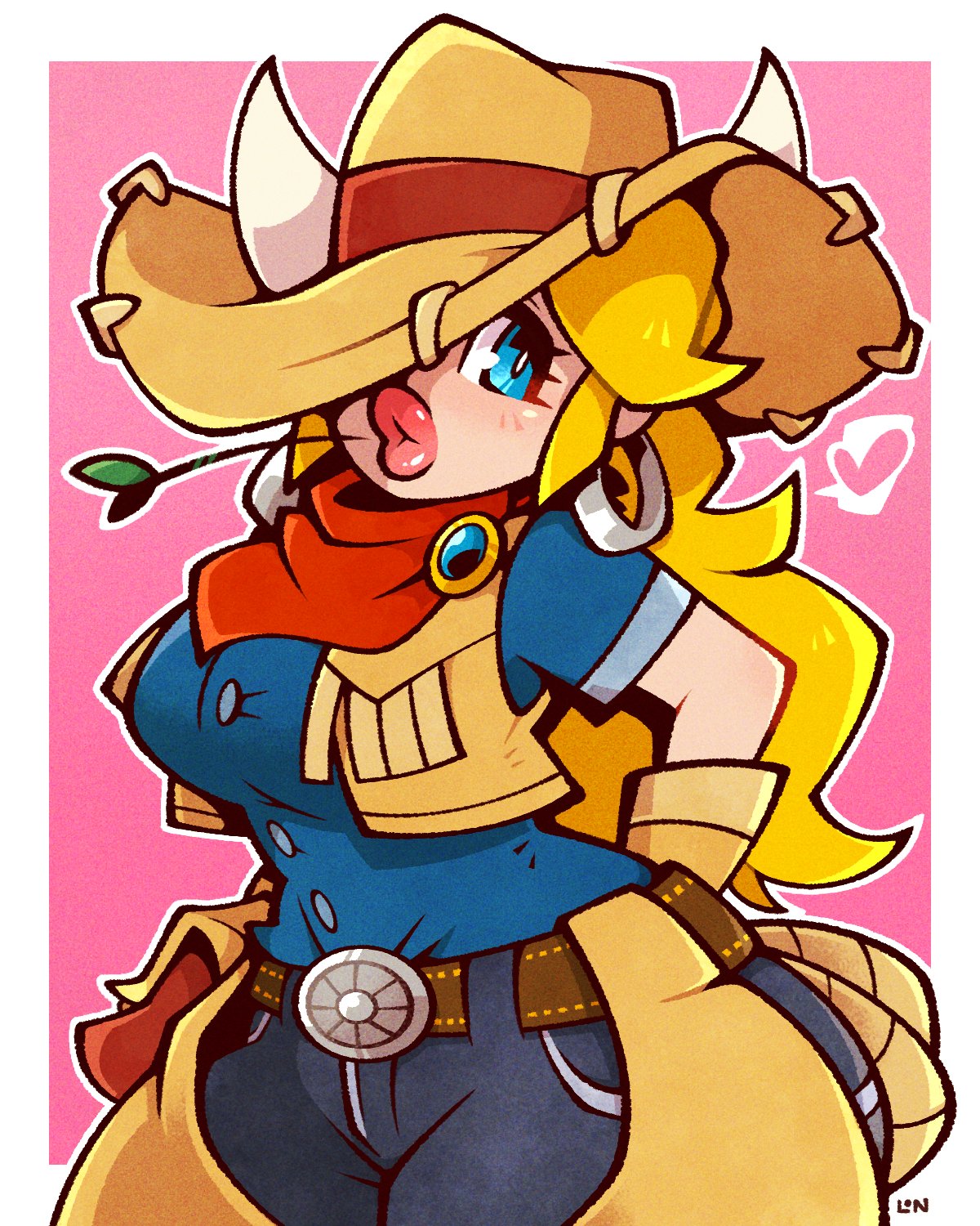 1girl belt blonde_hair blue_eyes blue_shirt border breasts brown_gloves cow_girl cowboy_hat cowgirl_peach denim earrings gloves hat heart highres horns jeans jewelry large_breasts legendofnerd lips long_hair looking_at_viewer official_alternate_costume one_eye_covered pants pink_background ponytail princess_peach princess_peach:_showtime! shirt short_sleeves simple_background solo super_mario_bros. white_border