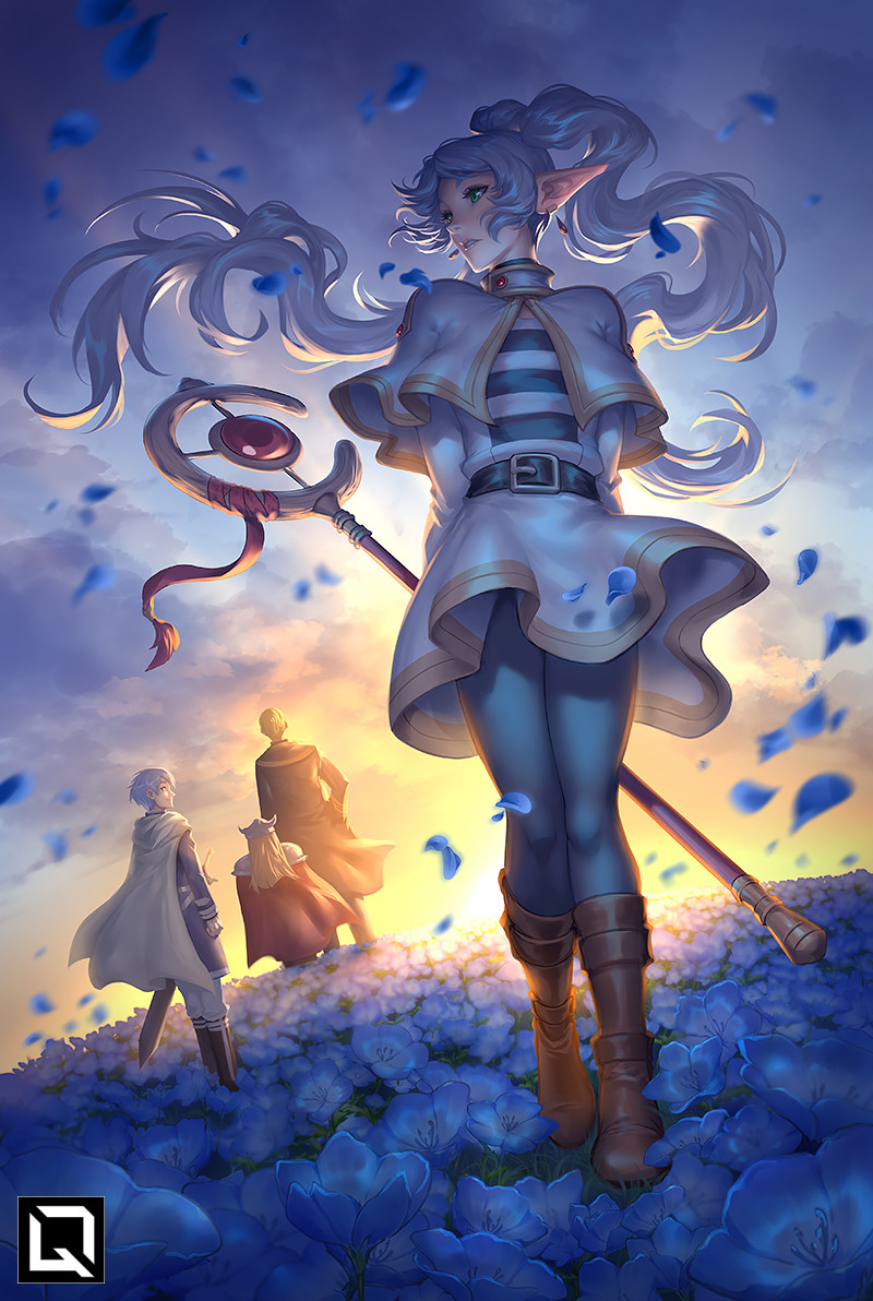1girl 3boys arms_behind_back belt belt_buckle blonde_hair blue_flower blue_hair boots brown_footwear buckle cape clouds cloudy_sky commentary dwarf earrings eisen_(sousou_no_frieren) elf english_commentary evening flower frieren grass green_eyes heiter himmel_(sousou_no_frieren) holding holding_staff hood hooded_cape jewelry kuroi-tsuki long_hair long_sleeves looking_at_another looking_back multiple_boys pantyhose parted_lips petals pointy_ears shadow sheath sheathed short_hair sky sousou_no_frieren staff sunset twintails white_cape white_hair wind