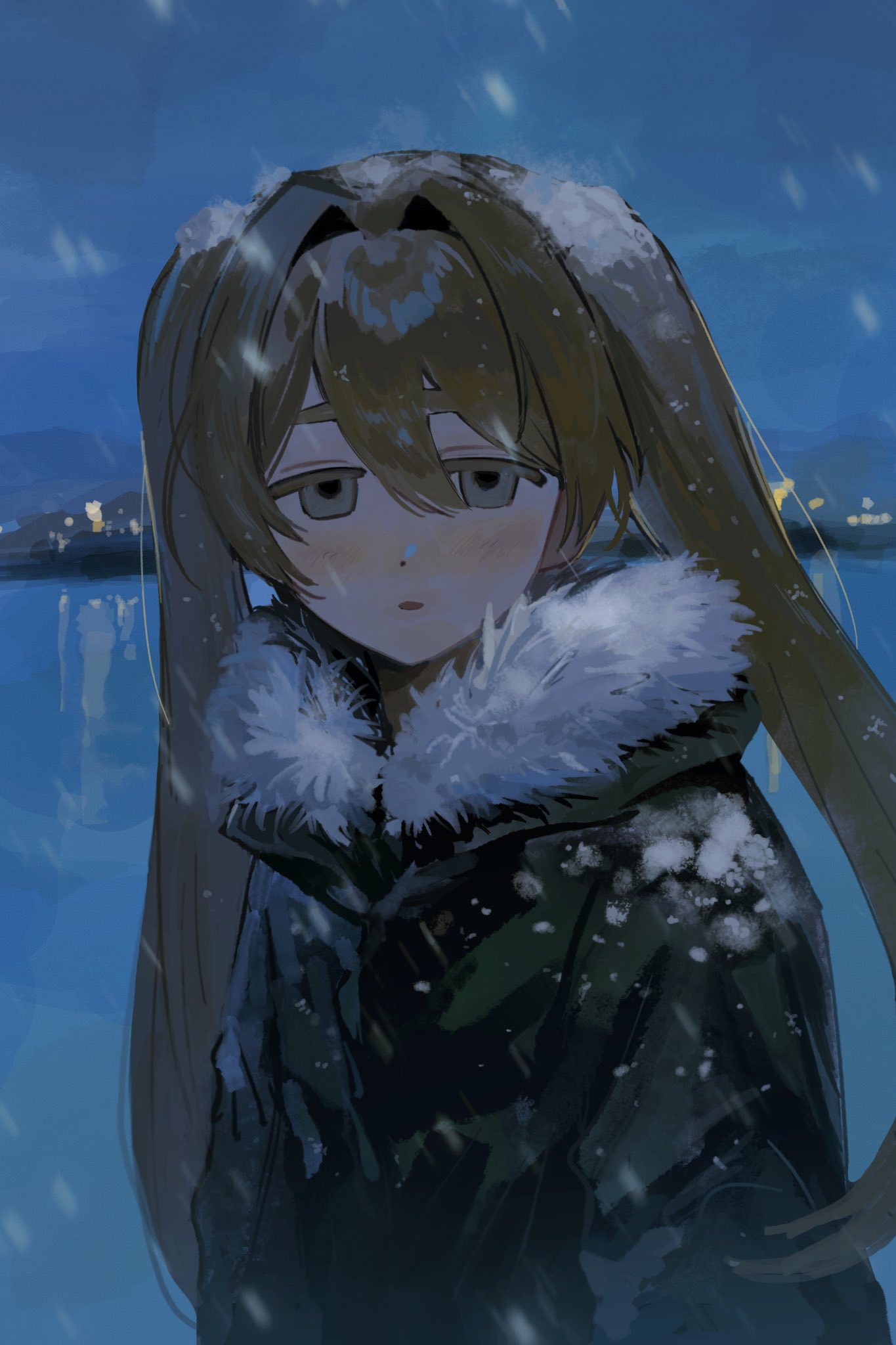 1girl blonde_hair blue_eyes city_lights cityscape coat fur-trimmed_coat fur_trim green_coat hair_between_eyes hair_intakes highres inu_dakisime light_blush looking_at_viewer night open_mouth original sidelocks snow snow_on_body snow_on_head snowing solo twintails water