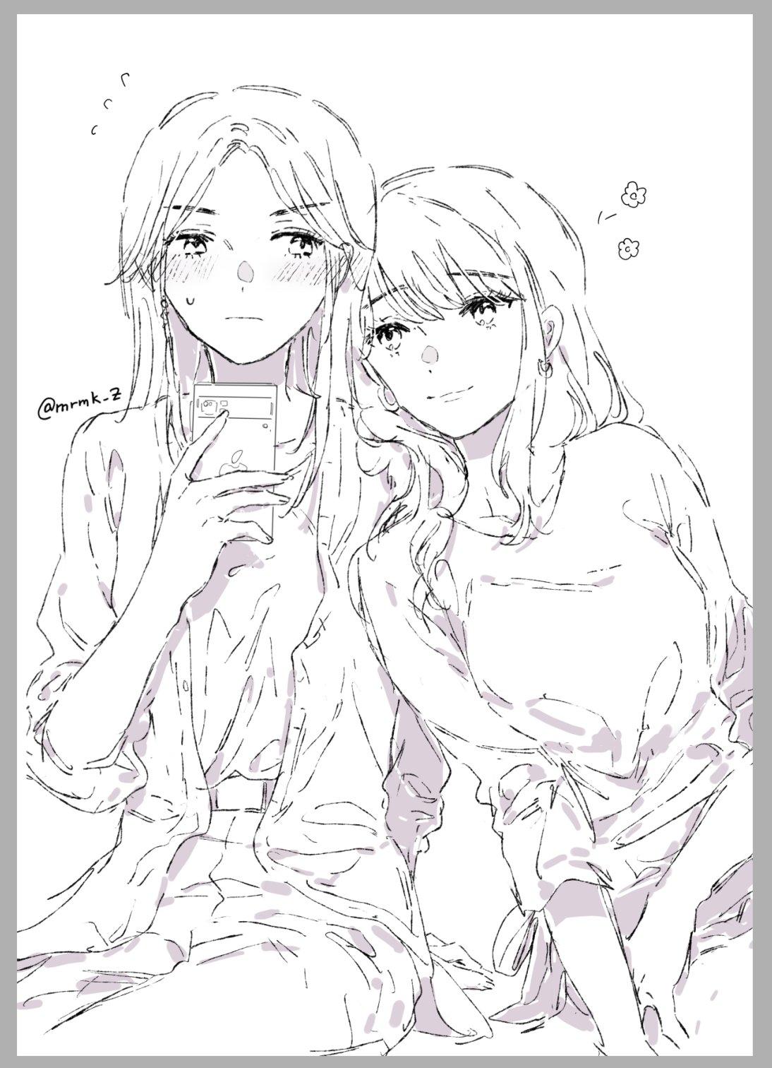 2girls blush border cellphone commentary_request earrings grey_border greyscale highres holding holding_phone jewelry long_hair monochrome multiple_girls muromaki original phone sidelocks simple_background sketch sleeves_past_elbows smartphone sweatdrop twitter_username yuri