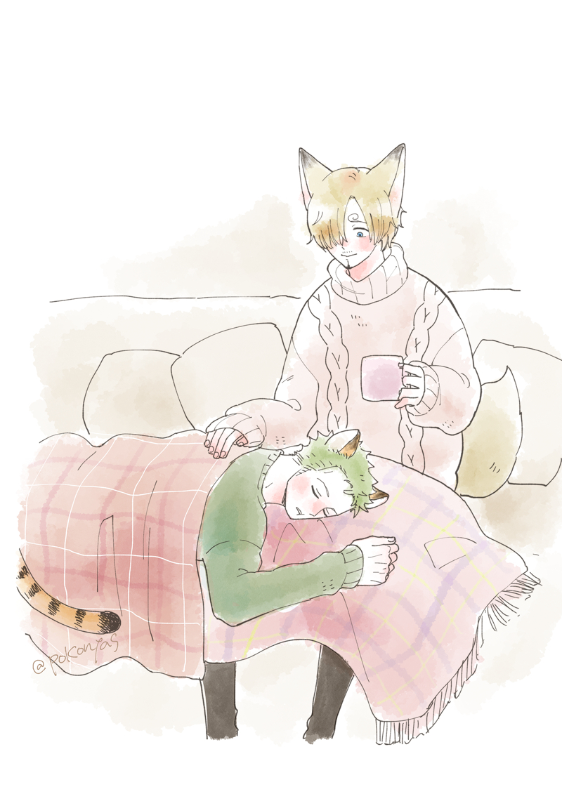 2boys animal_ears artist_name beard_stubble blanket blue_eyes blush cable_knit closed_eyes commentary couch cup curly_eyebrows eeyasu_(samarian) facial_hair fox_boy fox_ears fox_tail full_body green_sweater hair_over_one_eye hand_on_another's_back holding holding_cup long_bangs long_sleeves looking_down lying lying_on_lap lying_on_person male_focus multiple_boys mustache_stubble on_side one_piece pants pillow plaid plaid_blanket roronoa_zoro sanji_(one_piece) short_hair simple_background sitting stubble sweater tail tiger_boy tiger_ears tiger_tail twitter_username under_covers winter_clothes