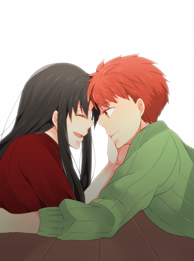 1boy 1girl ^_^ black_hair closed_eyes closed_mouth commentary_request couple emiya_shirou facing_another fate/stay_night fate_(series) from_side green_sweater hair_down hetero long_hair long_sleeves looking_at_another on_floor open_mouth orange_hair profile red_shirt ribbed_sweater shirt short_hair sidelocks simple_background smile spiky_hair straight_hair suzuko_(star8383) sweater tohsaka_rin white_background