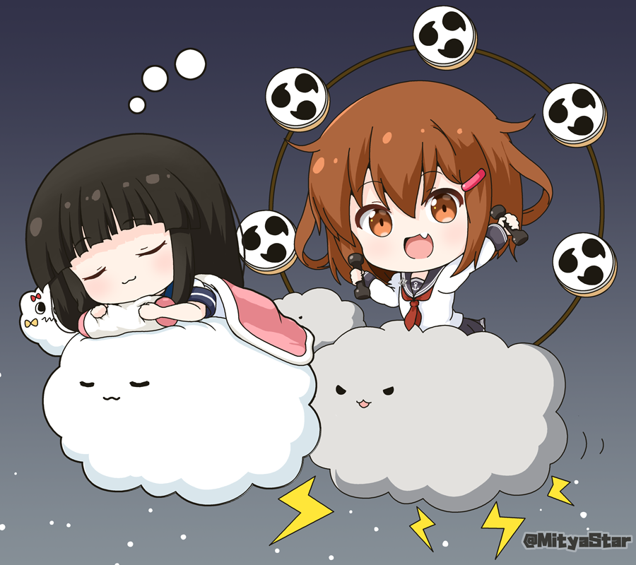 2girls :3 :d anchor_symbol animal bird black_hair black_sailor_collar black_skirt blue_background blush brown_eyes brown_hair chibi closed_eyes closed_mouth clouds commentary_request dumbbell failure_penguin fang floating hair_between_eyes hair_ornament hairclip hatsuyuki_(kancolle) hime_cut holding ikazuchi_(kancolle) kantai_collection lightning_bolt_symbol long_hair long_sleeves looking_at_viewer lying miss_cloud mitsudomoe_(shape) mitya multiple_girls neckerchief on_stomach open_mouth penguin pillow pillow_grab pleated_skirt red_neckerchief sailor_collar school_uniform serafuku shirt short_sleeves simple_background skirt sleeping smile solo tomoe_(symbol) twitter_username under_covers white_background white_shirt