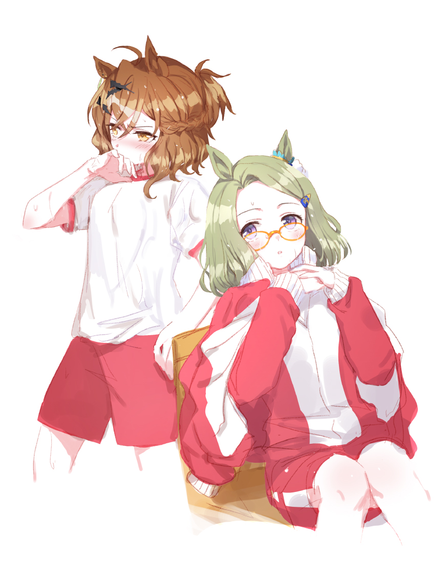 2girls :o ahoge air_messiah_(umamusume) blush breasts brown_hair chair cropped_legs embarrassed glasses green_hair hair_ornament hairclip jacket jacket_on_shoulders jungle_pocket_(umamusume) long_sleeves multiple_girls red_jacket red_shorts romi_(346_ura) short_hair short_ponytail short_sleeves shorts simple_background sitting small_breasts sweat track_jacket umamusume violet_eyes white_background wiping_sweat yellow_eyes