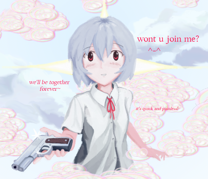 1girl ayanami_rei blush clouds collared_shirt commentary english_text grey_hair gun handgun holding holding_gun holding_weapon looking_at_viewer m1911 monky_sm neck_ribbon neon_genesis_evangelion red_eyes red_ribbon ribbon shirt short_hair short_sleeves sky smile solo upper_body weapon
