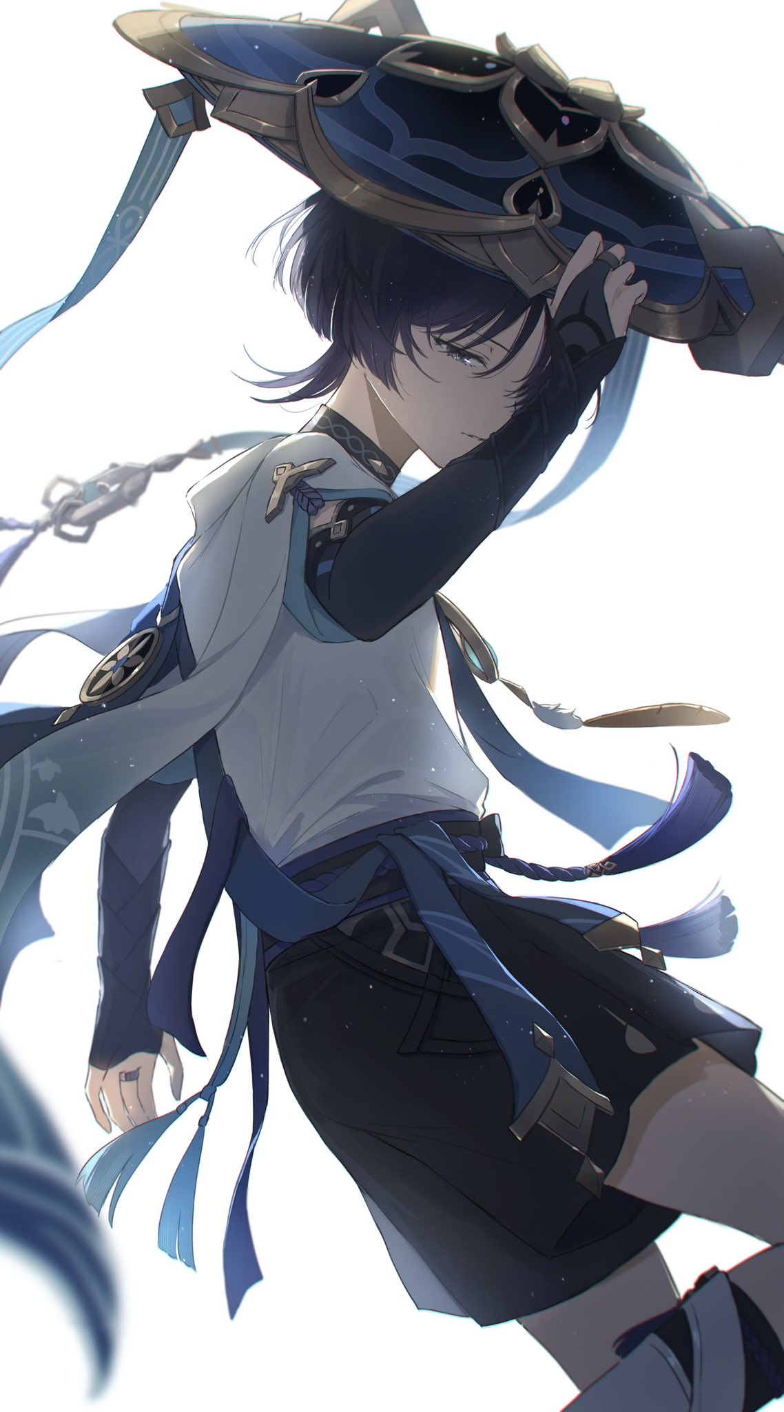 1boy black_hair black_shorts blue_cape blue_headwear blue_ribbon blurry blurry_foreground bridal_gauntlets cape choppy_bangs commentary_request genshin_impact gold_trim hand_on_headwear hand_up hat hat_ribbon highres jacket jingasa leg_up light_particles looking_at_viewer looking_to_the_side male_focus misaki_(mskmmti) parted_bangs parted_lips pom_pom_(clothes) purple_sash ribbon rope sash scaramouche_(genshin_impact) short_hair short_sleeves shorts simple_background solo tassel violet_eyes vision_(genshin_impact) wanderer_(genshin_impact) white_background white_jacket wide_sleeves