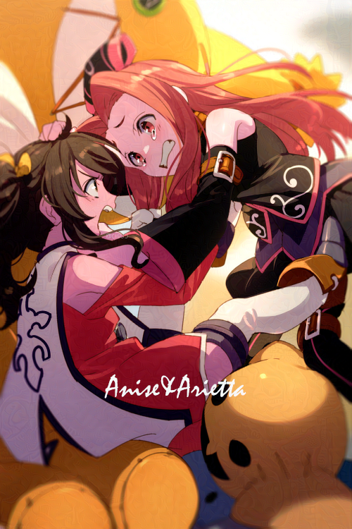 2girls angry anise_tatlin arietta_(tales) bare_shoulders belt black_hair blurry blurry_background bow character_name clenched_teeth commentary_request detached_sleeves echo_(circa) hair_bow hair_intakes leggings long_hair multiple_girls open_mouth pink_hair pink_trim red_eyes sad tales_of_(series) tales_of_the_abyss tears teeth white_leggings yellow_bow