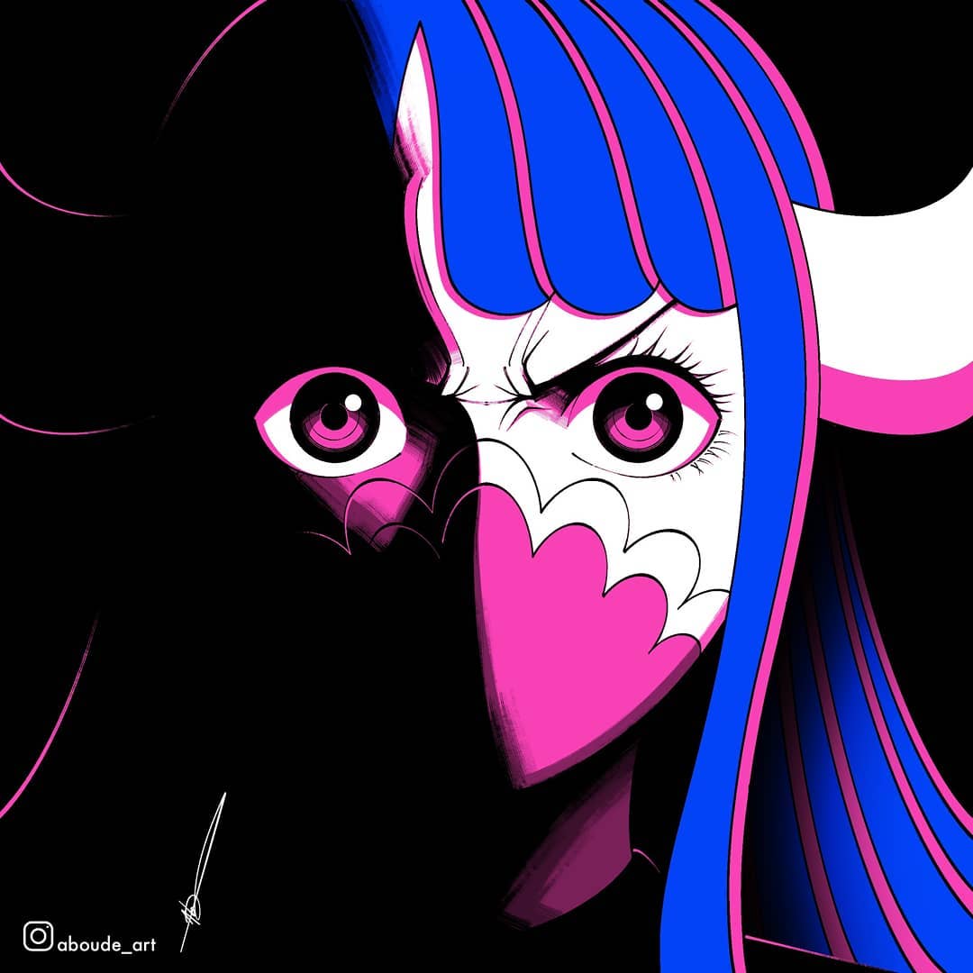 1girl aboude_art artist_name blue_hair commentary covered_mouth horns instagram_logo instagram_username limited_palette long_hair looking_at_viewer multicolored_hair one_piece pink_hair signature solo streaked_hair two-tone_hair ulti_(one_piece) violet_eyes