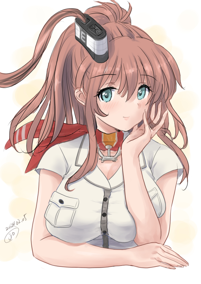 1girl anchor_ornament battle_effectiveness_award blue_eyes breast_pocket breasts brown_hair dress hair_between_eyes high_side_ponytail kantai_collection kitagawa_mikio large_breasts long_hair looking_at_viewer one-hour_drawing_challenge pocket ponytail red_scarf saratoga_(kancolle) scarf side_ponytail sidelocks smokestack_hair_ornament solo upper_body white_dress
