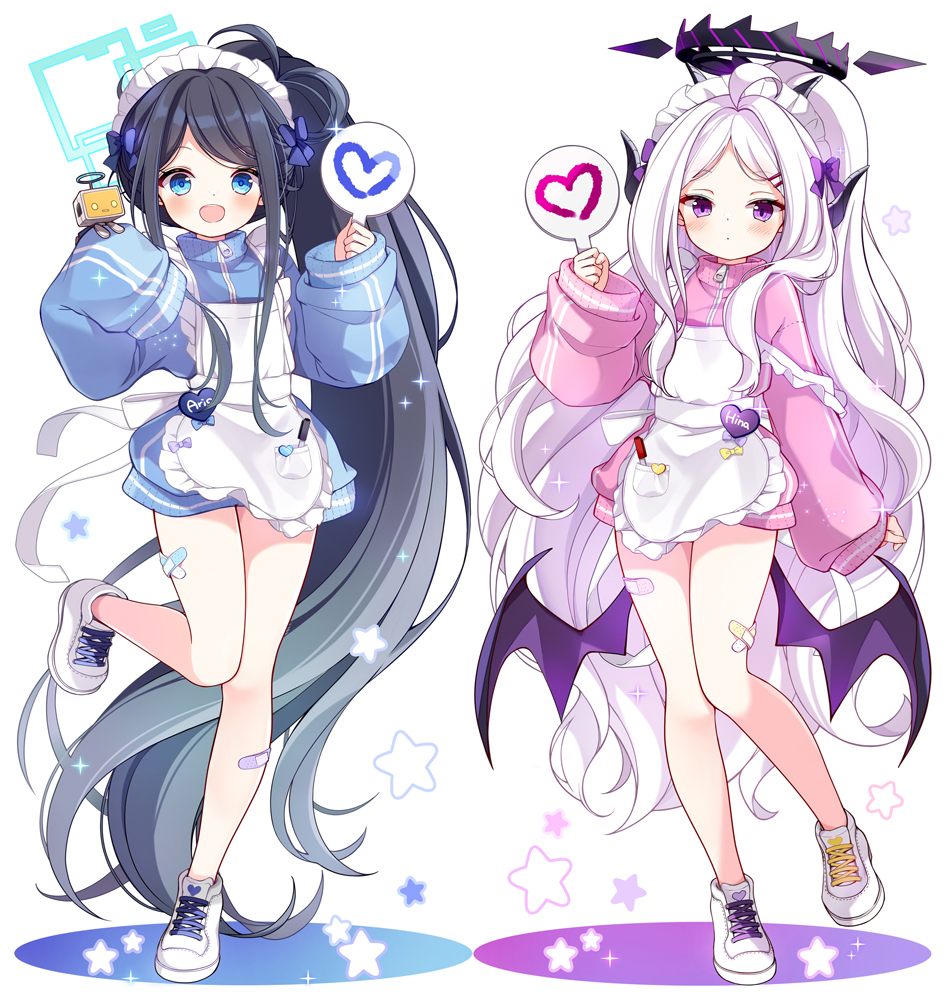 &lt;key&gt;_(robot)_(blue_archive) 2girls absurdly_long_hair ahoge alternate_costume apron aqua_halo aris_(blue_archive) bandaid bandaid_on_leg bare_legs black_hair black_horns blue_archive blue_eyes commentary demon_horns demon_wings foot_up frilled_apron frills full_body halo hina_(blue_archive) holding horns jacket jersey_maid long_hair long_sleeves looking_at_viewer maid maid_apron maid_headdress multiple_girls multiple_views open_mouth parted_bangs purple_wings shoes side_ponytail simple_background sleeves_past_fingers sleeves_past_wrists sneakers square_halo standing standing_on_one_leg subin_(subin_2011) teeth track_jacket unconventional_maid upper_teeth_only very_long_hair violet_eyes white_apron white_background white_footwear white_hair wings