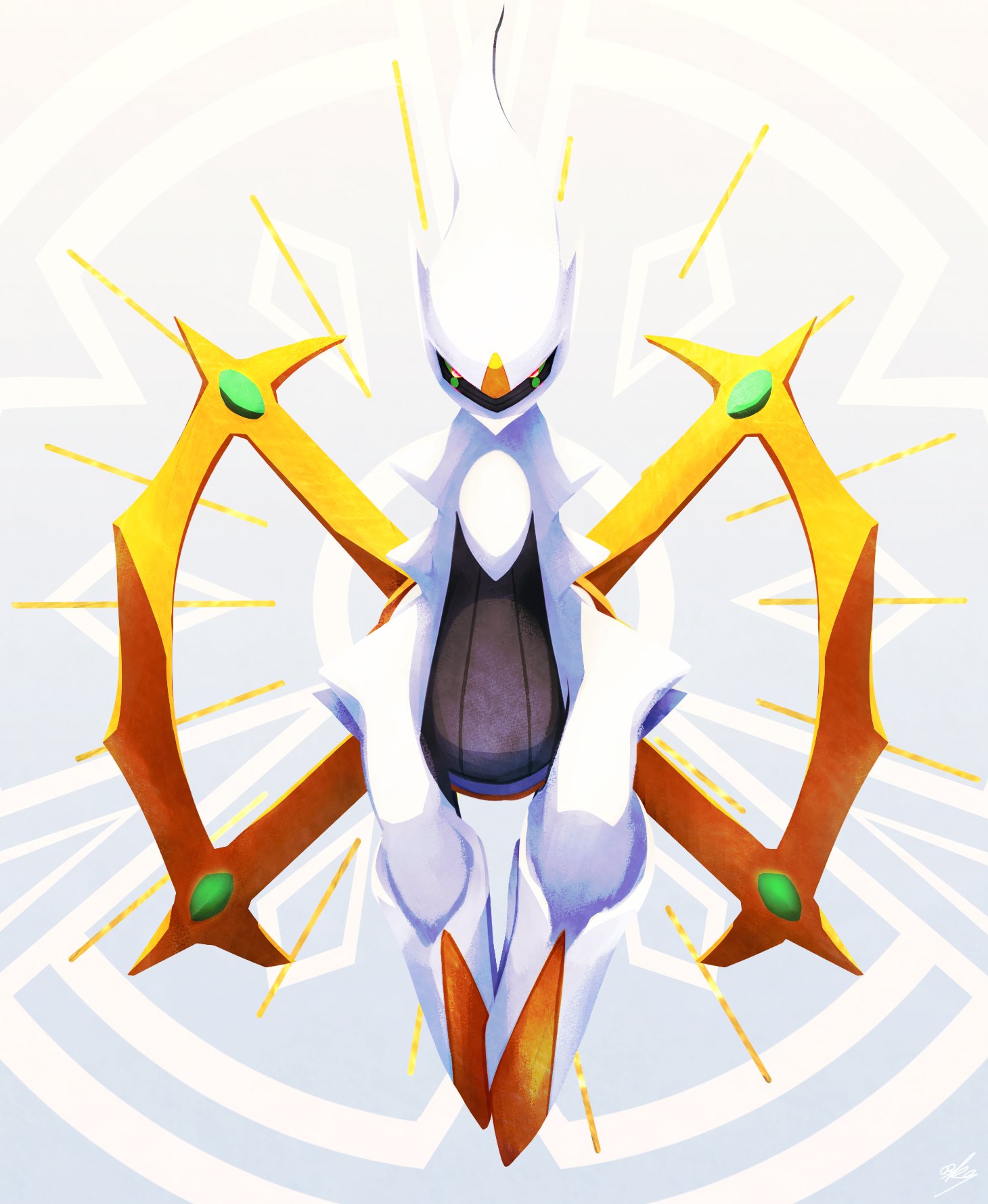 arceus colored_sclera colored_skin commentary ewokakukaede gradient_background green_sclera grey_background highres horns no_humans pokemon pokemon_(creature) red_eyes simple_background white_skin