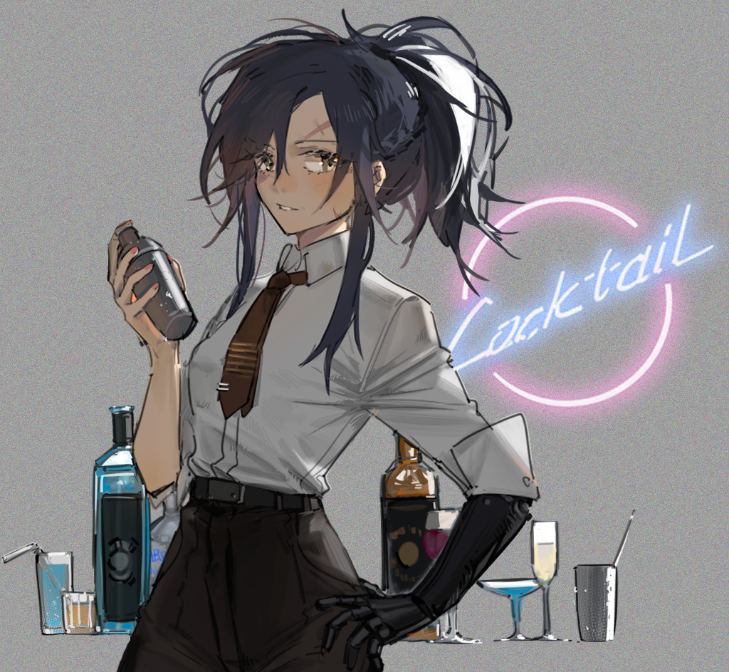 1girl alcohol angelia_(girls'_frontline) belt black_belt black_pants blue_hair blueblossom bottle brown_eyes brown_necktie champagne_flute cocktail_glass cocktail_shaker collared_shirt commentary cup dark_blue_hair drinking_glass english_commentary english_text girls_frontline hand_on_own_hip high-waist_pants holding_shaker looking_at_viewer mechanical_arms necktie neon_sign pants ponytail scar scar_on_cheek scar_on_face scar_on_forehead shirt sidelocks simple_background single_mechanical_arm solo teeth tie_clip white_shirt