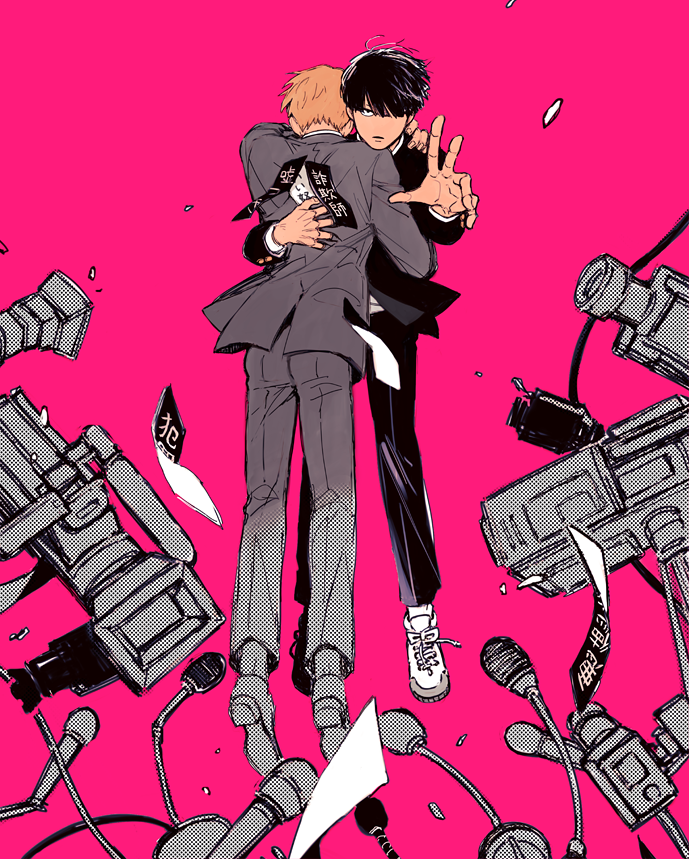 2boys black_jacket black_pants cable camera floating full_body gakuran grey_jacket grey_pants hair_over_one_eye hug jacket kageyama_shigeo long_sleeves looking_at_viewer male_focus microphone mob_psycho_100 multiple_boys one_eye_covered outstretched_arm pants partially_colored pink_background pom_takoyaki protecting reaching reaching_towards_viewer reigen_arataka school_uniform shoe_soles shoes short_hair simple_background sneakers white_footwear