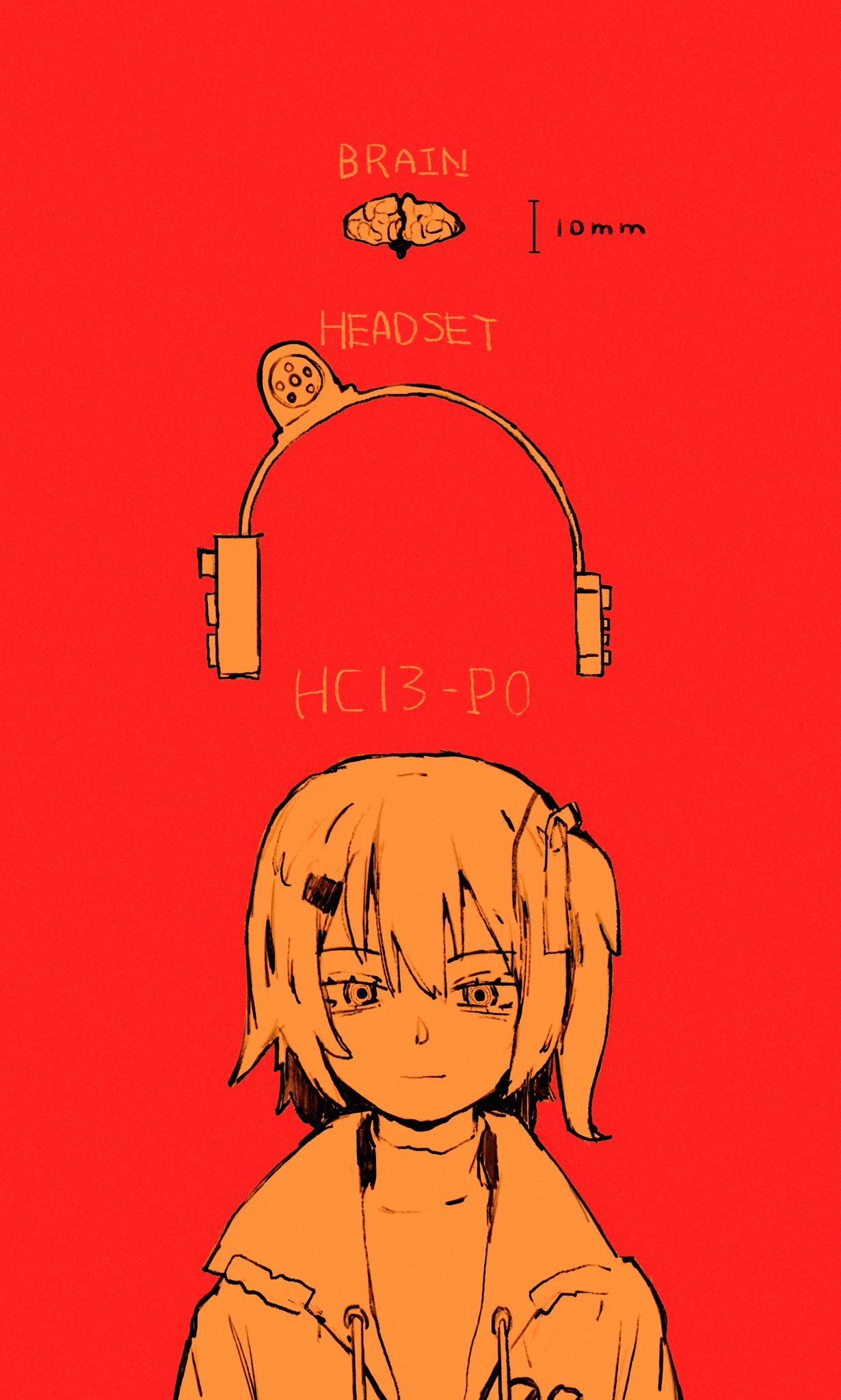 1girl :| a.i._voice adachi_rei brain closed_mouth commentary english_text hair_ornament hair_ribbon hairclip headlamp headphones highres hijou_botan jacket limited_palette looking_at_viewer measuring medium_hair monochrome one_side_up open_clothes open_jacket orange_theme red_background ribbon ringed_eyes simple_background solo straight-on symbol-only_commentary turtleneck unworn_headphones utau