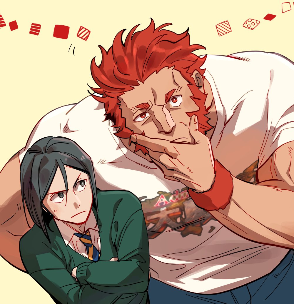 2boys black_hair blue_shorts bright_pupils broad_shoulders closed_mouth collared_shirt crossed_arms fate/zero fate_(series) fingernails green_jacket hair_between_eyes halorane hand_on_own_chin hand_on_own_hip iskandar_(fate) jacket leaning_forward long_sideburns looking_at_another male_focus multiple_boys muscular muscular_male necktie red_eyes red_wristband redhead shirt short_hair shorts sideburns striped_necktie sweatdrop t-shirt thinking veins veiny_arms waver_velvet white_background white_pupils white_shirt