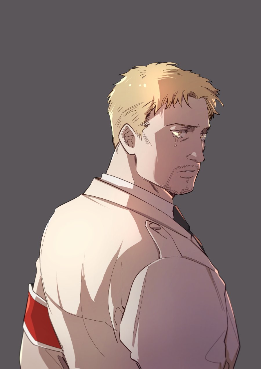 1boy armband black_necktie blonde_hair connected_beard facial_hair from_side grey_background halorane highres korean_commentary long_sleeves looking_to_the_side male_focus mature_male mustache necktie parted_lips red_armband reiner_braun shingeki_no_kyojin shirt short_hair simple_background solo tears upper_body white_shirt