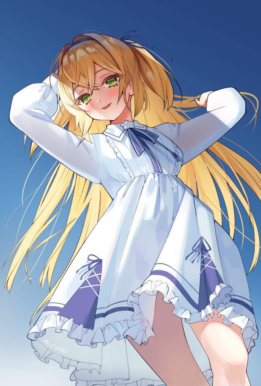 1girl arms_up beyumi blonde_hair blue_background blue_hairband blue_ribbon blush commentary commission dokibird_(vtuber) dress english_commentary feet_out_of_frame gradient_background green_eyes hair_between_eyes hair_ribbon hairband highres indie_virtual_youtuber long_hair long_sleeves looking_at_viewer neck_ribbon open_mouth ribbon simple_background smile solo standing sunlight very_long_hair virtual_youtuber white_dress