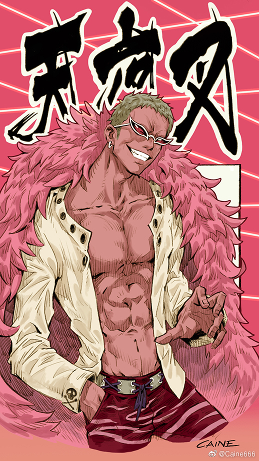 1boy abs artist_name blonde_hair caine666 clenched_teeth coat donquixote_doflamingo earrings evil_smile feather_coat hand_in_pocket jewelry long_sleeves looking_at_viewer male_focus one_piece open_clothes open_shirt red-tinted_eyewear shirt short_hair smile solo sunglasses teeth third-party_source tinted_eyewear translation_request weibo_logo weibo_username
