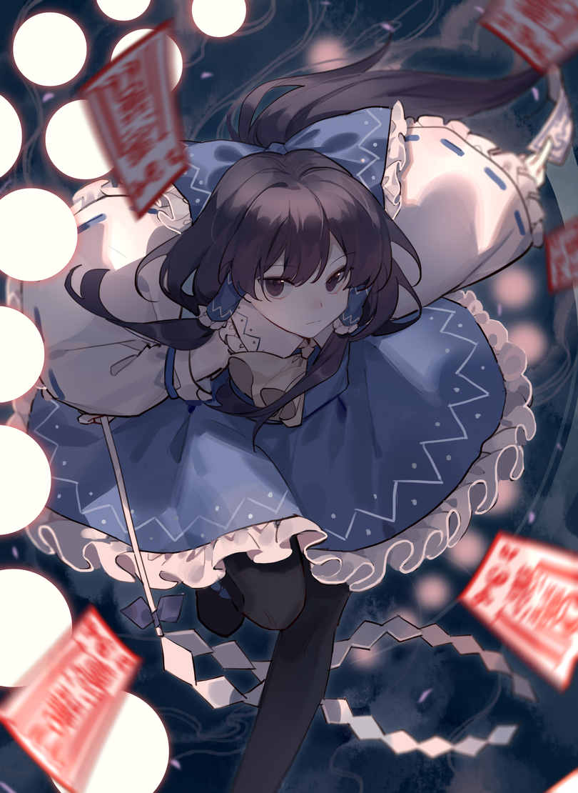 1girl alternate_color ascot black_thighhighs blue_bow blue_skirt bow brown_eyes brown_hair closed_mouth commentary_request detached_sleeves duomao energy_ball expressionless frilled_bow frilled_hair_tubes frills gohei hair_bow hair_tubes hakurei_reimu holding holding_gohei leg_up long_hair looking_at_viewer ofuda ribbon-trimmed_sleeves ribbon_trim skirt solo thigh-highs touhou yellow_ascot