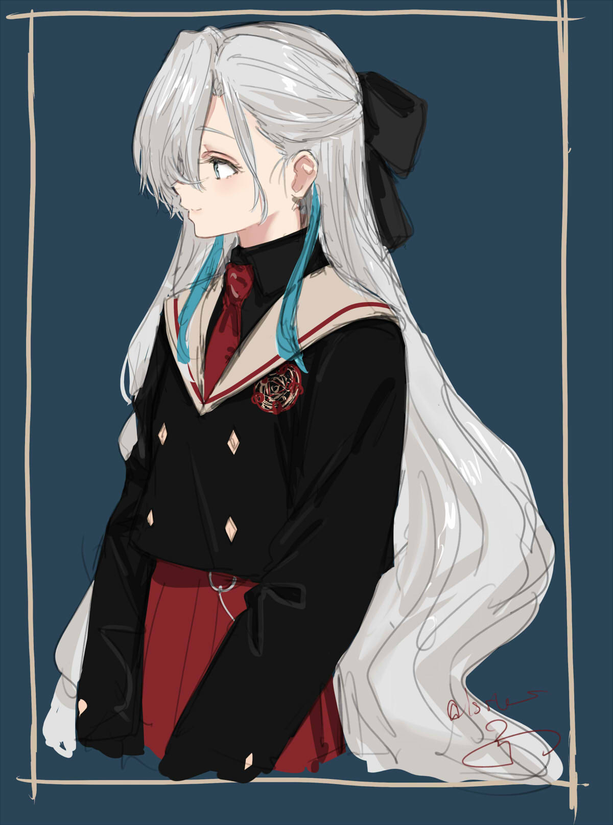 1girl alternate_costume black_bow black_jacket black_shirt blue_background blue_eyes blue_hair border bow brown_sailor_collar buttons closed_mouth collared_shirt commentary_request cropped_legs double-breasted from_side grey_hair hair_bow hair_over_one_eye highres isekai_joucho isshiki_(ffmania7) jacket kamitsubaki_studio long_hair long_sleeves looking_ahead necktie pleated_skirt profile red_necktie red_skirt sailor_collar school_uniform shirt signature simple_background skirt smile solo v_arms very_long_hair virtual_youtuber wavy_hair