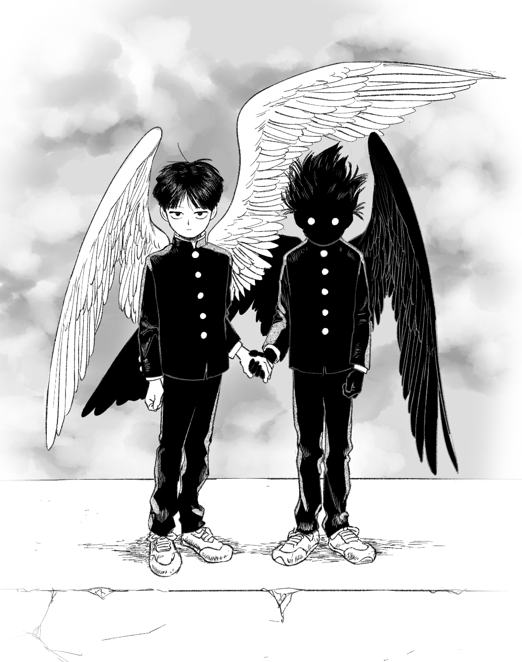 2boys asymmetrical_wings black_skin closed_mouth colored_skin contrast dual_persona face_in_shadow feathered_wings full_body gakuran highres holding_hands kageyama_shigeo kageyama_shigeo_(???) long_sleeves looking_at_viewer male_focus mob_psycho_100 multiple_boys nemakkki pants school_uniform shoes short_hair sky sneakers spiky_hair standing wings