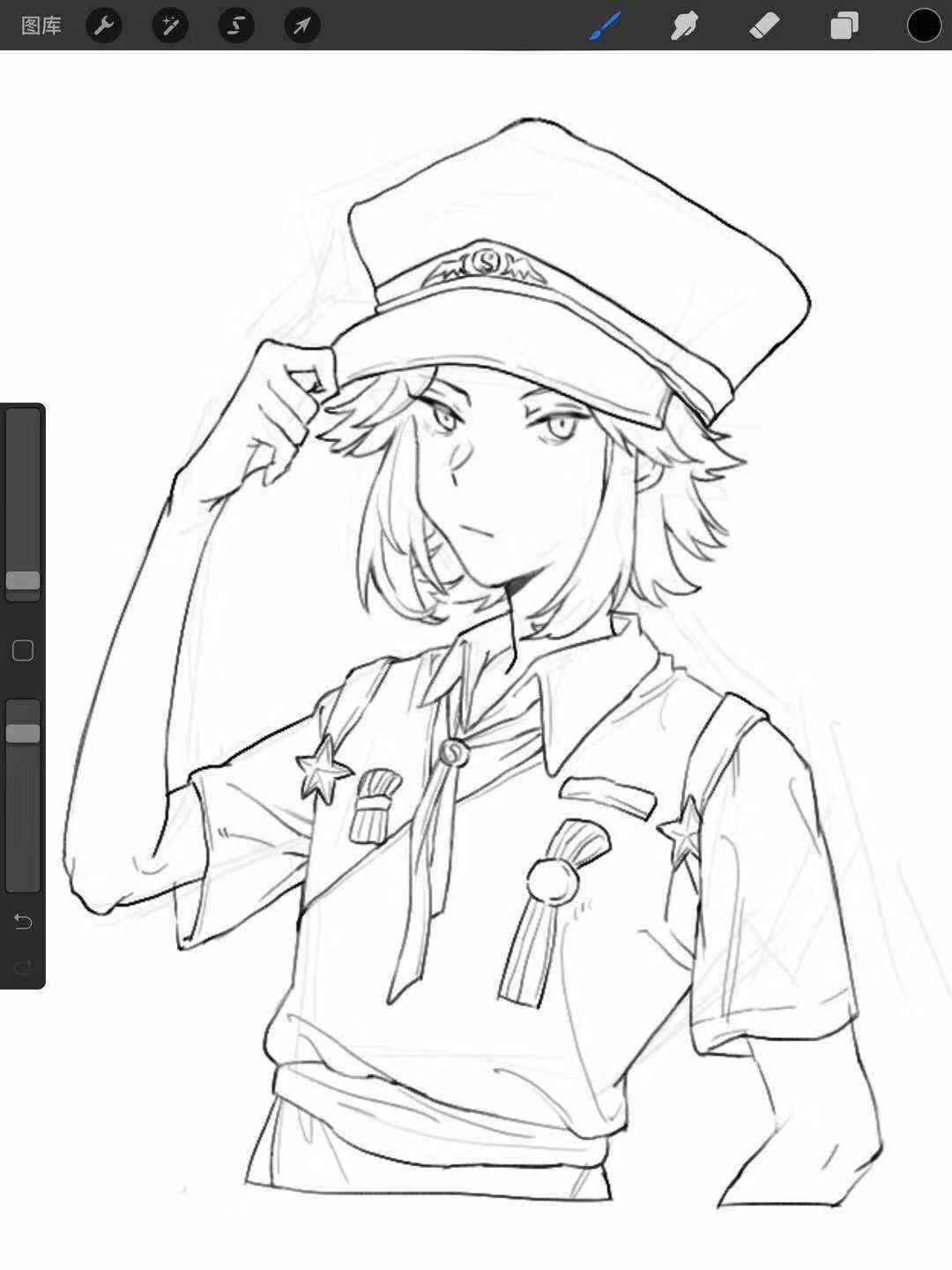 1other androgynous badge closed_mouth collared_shirt commentary fujiwara_no_shirogane_no_sanra hand_on_headwear hat highres jishixingle1029 len'en light_frown lineart looking_at_viewer military_hat military_uniform necktie other_focus procreate_(software) shirt short_hair short_sleeves solo star_(symbol) symbol-only_commentary uniform upper_body vest wing_print yin_yang yin_yang_print